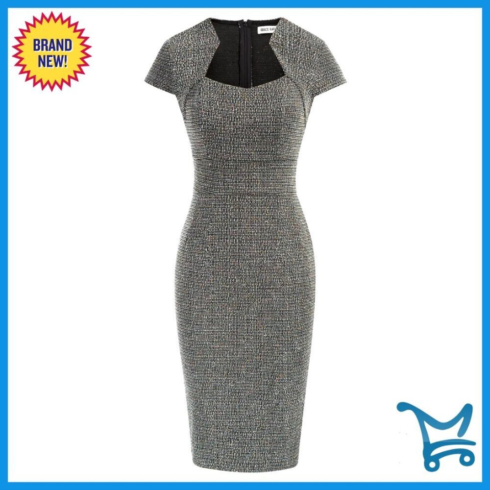 Tweed Pencil Dress Cap Sleeve Slim Fit Work Office Formal